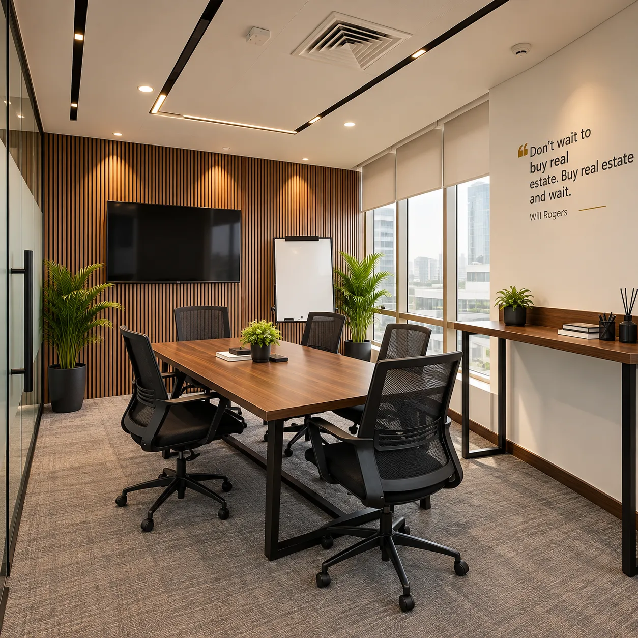 Wood-panel meeting room with TV and whiteboard at GAL Business Center